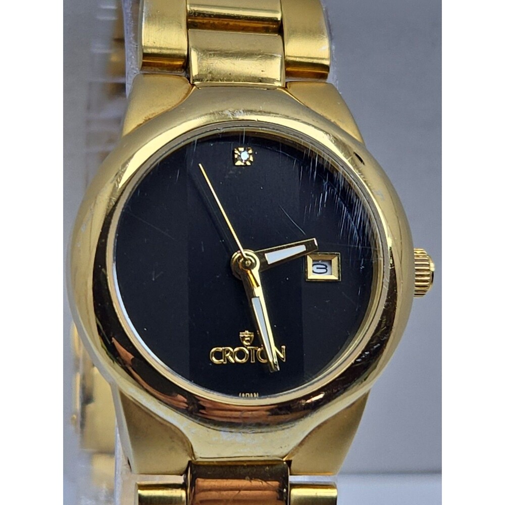Croton Womens Gold Tone Black Dial Diamond Date Quartz Watch New Battery - Read - Picture 4 of 13